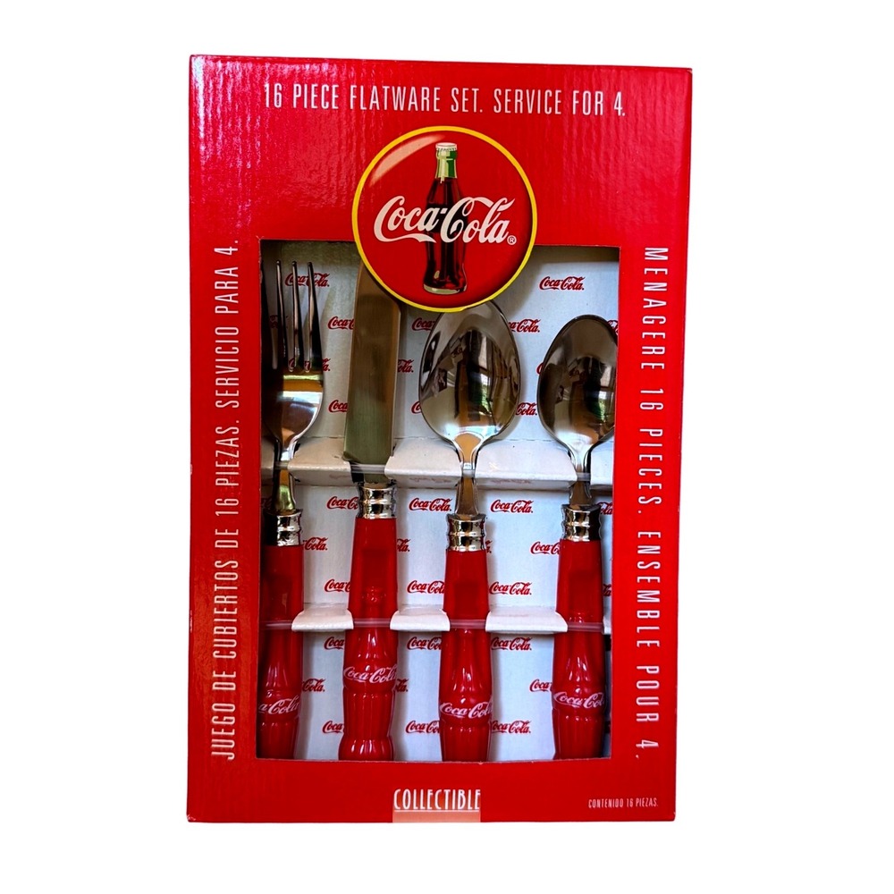 Coca-Cola Flatware Set Red NEW 16 Piece Contour Bottle Service for 4 Unisex VTG